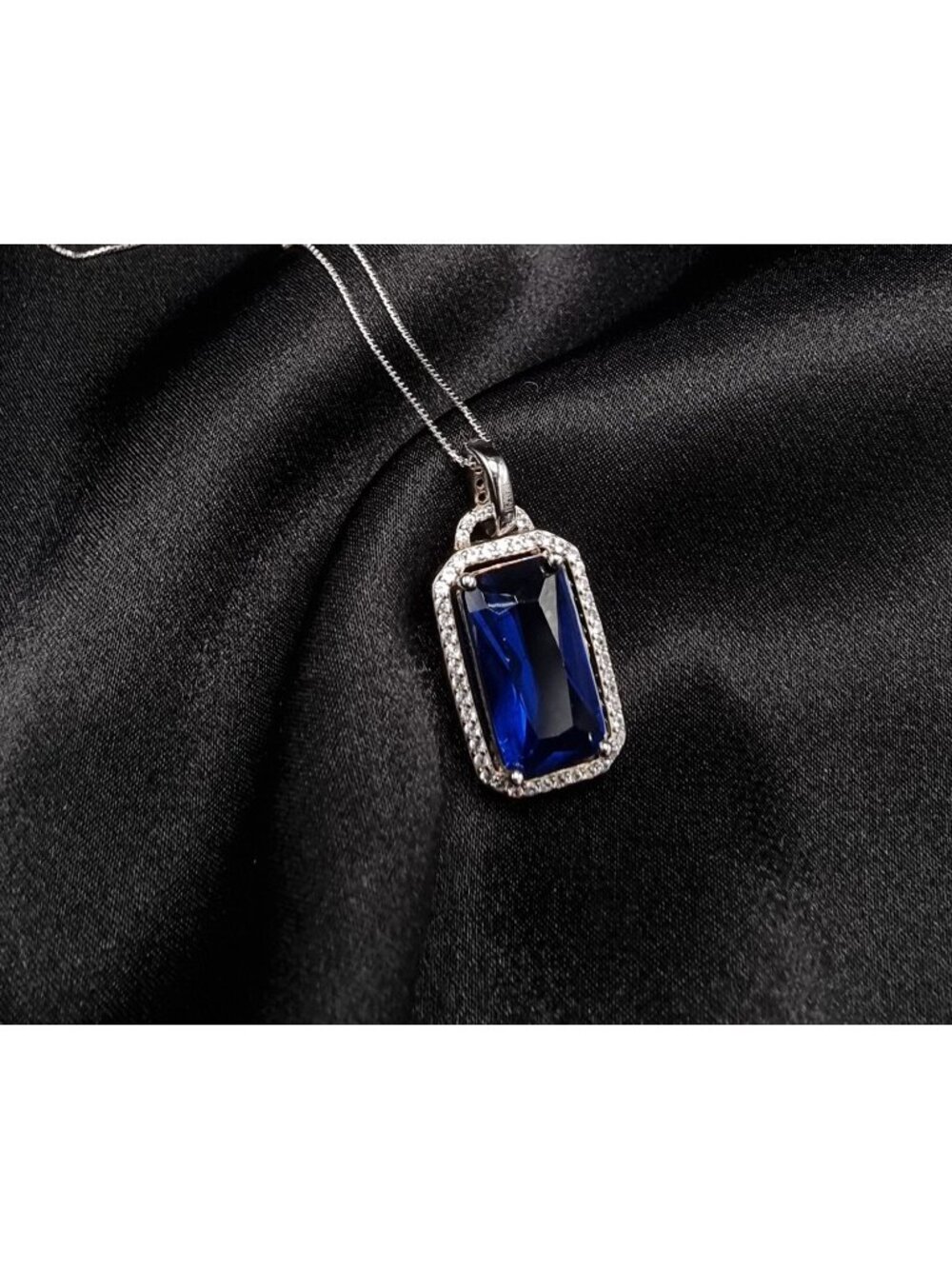 BBJ China 925 Sterling Silver Necklace With Lab-Created Blue Spinel Pendant & CZ